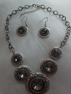 Silver-Tone Gray Crystal Statement Necklace & Earrings Set